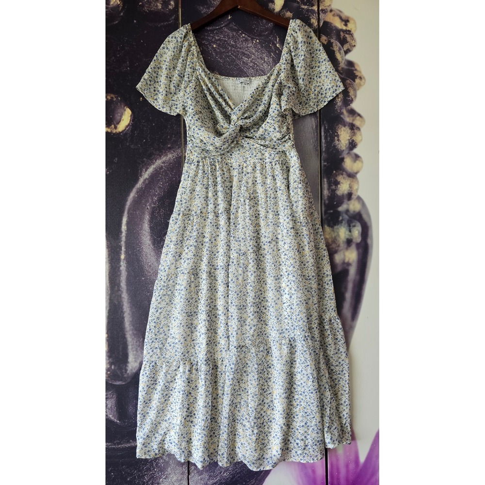 Baltic Born Floral Long Dress Smocked Top Square Neck Blue White Cottagecore M